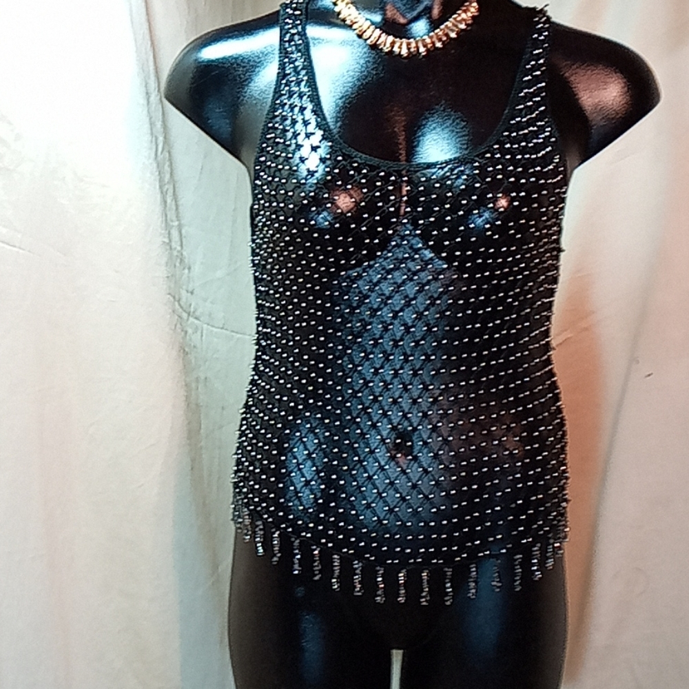 Wet Seal Black Beaded Mesh Tank Top